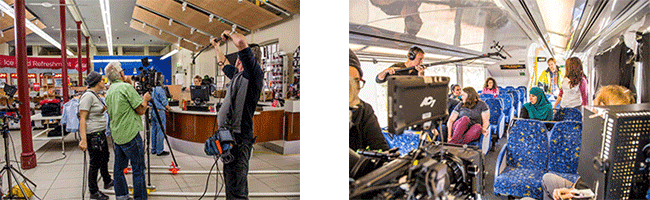 film crew in a train and shop