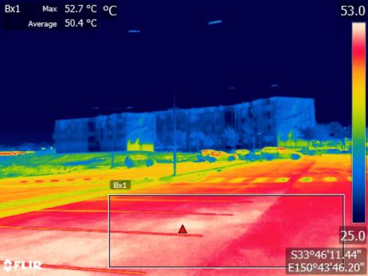 Surface temperature at a carpark on Kingswood campus. The infrared image was taken on a clear sunny day where air temperature was 30°C. © S. Pfautsch