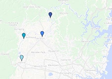 Google map with pins showing our 4 key areas of activity between Penrith and Sackville
